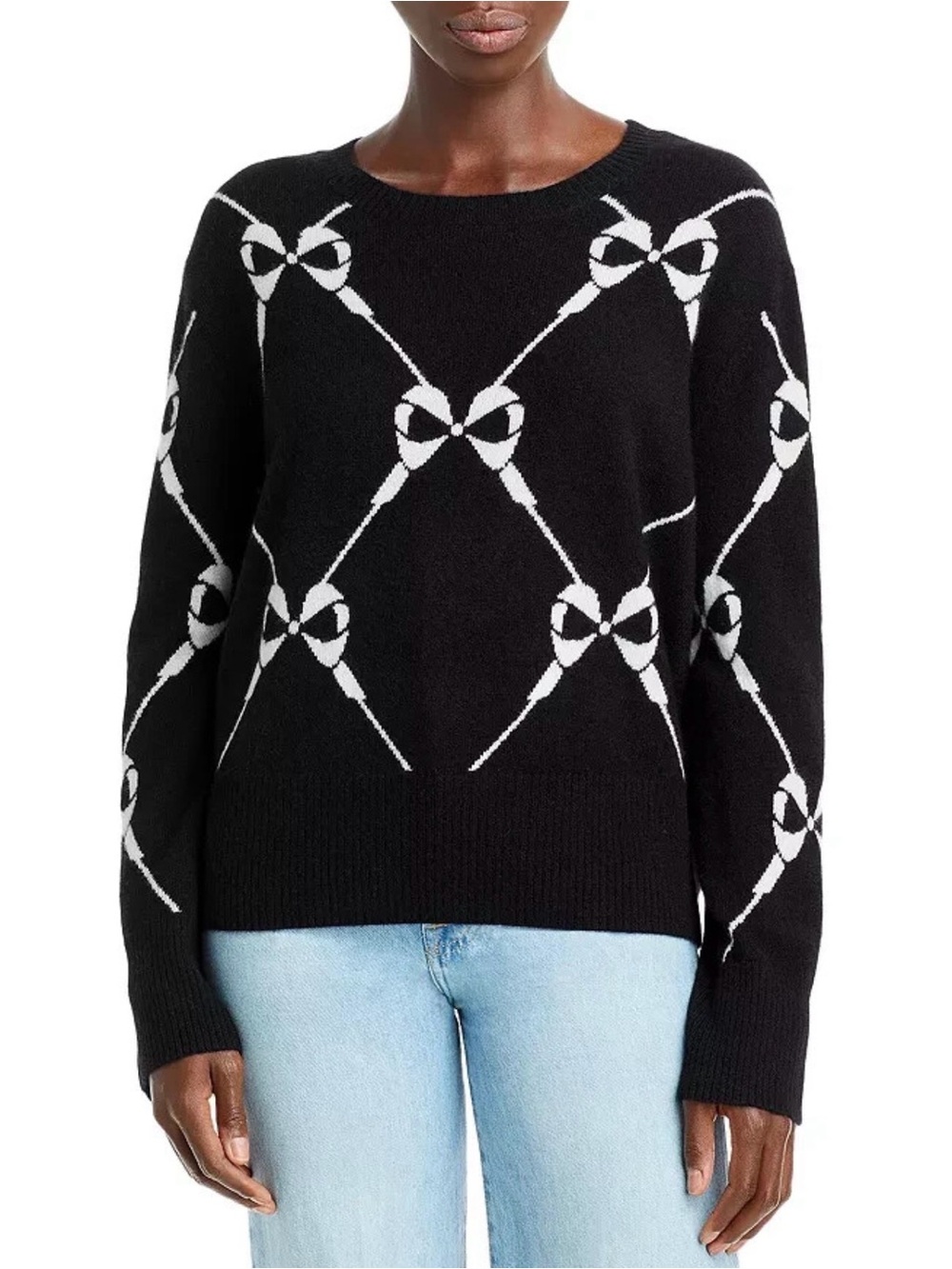 AQUA Cashmere Bow Intarsia Sweater Black XS NWT
